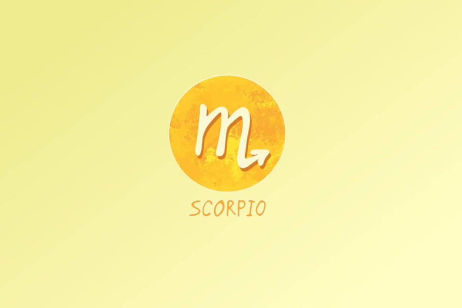 Ilustração do signo de Escorpião, com uma letra "m" estilizada terminando em uma seta apontando para cima, em fundo amarelo