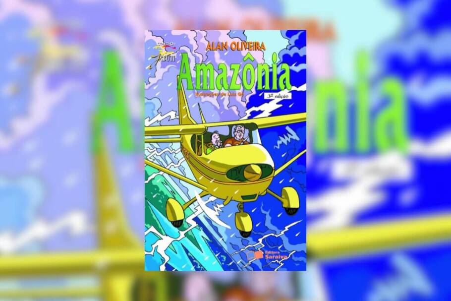 Capa do livro "Amazônia", com a ilustração de um avião amarelo, com dois homens dentro, sobrevoando a floresta