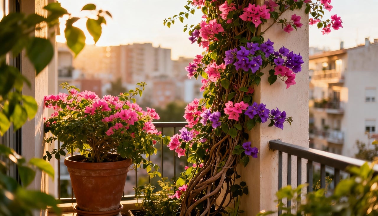 A característica trepadeira da buganvília representa sua maior vantagem para ambientes urbanos restritos