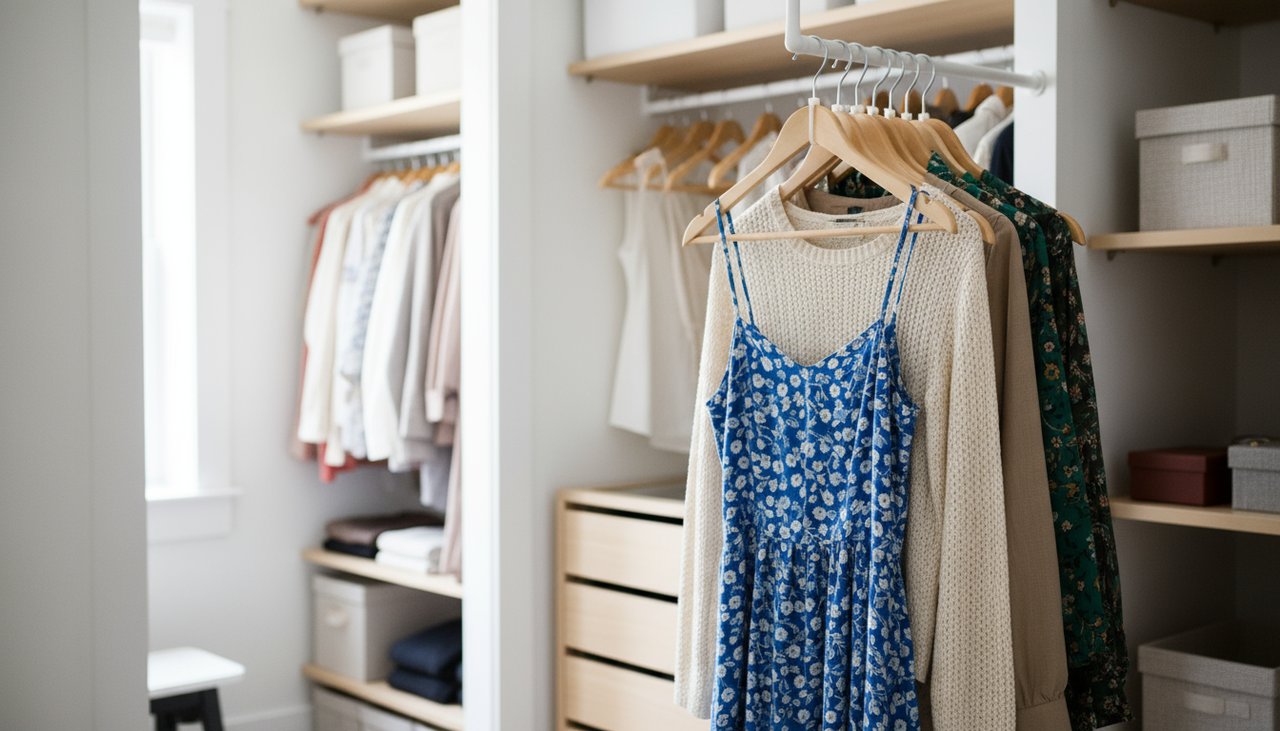 O sistema consiste em fixar abraçadeiras plásticas no gancho superior de cada cabide criando uma alça resistente