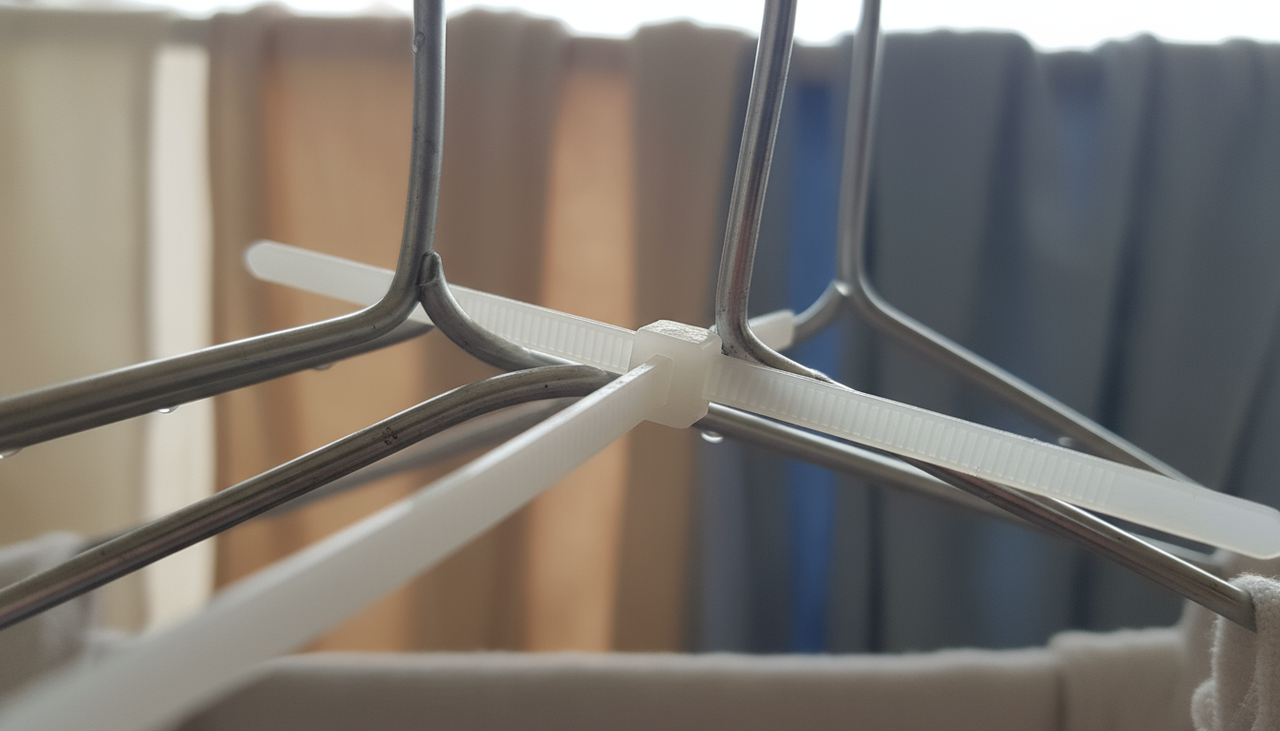 O sistema consiste em fixar abraçadeiras plásticas no gancho superior de cada cabide criando uma alça resistente