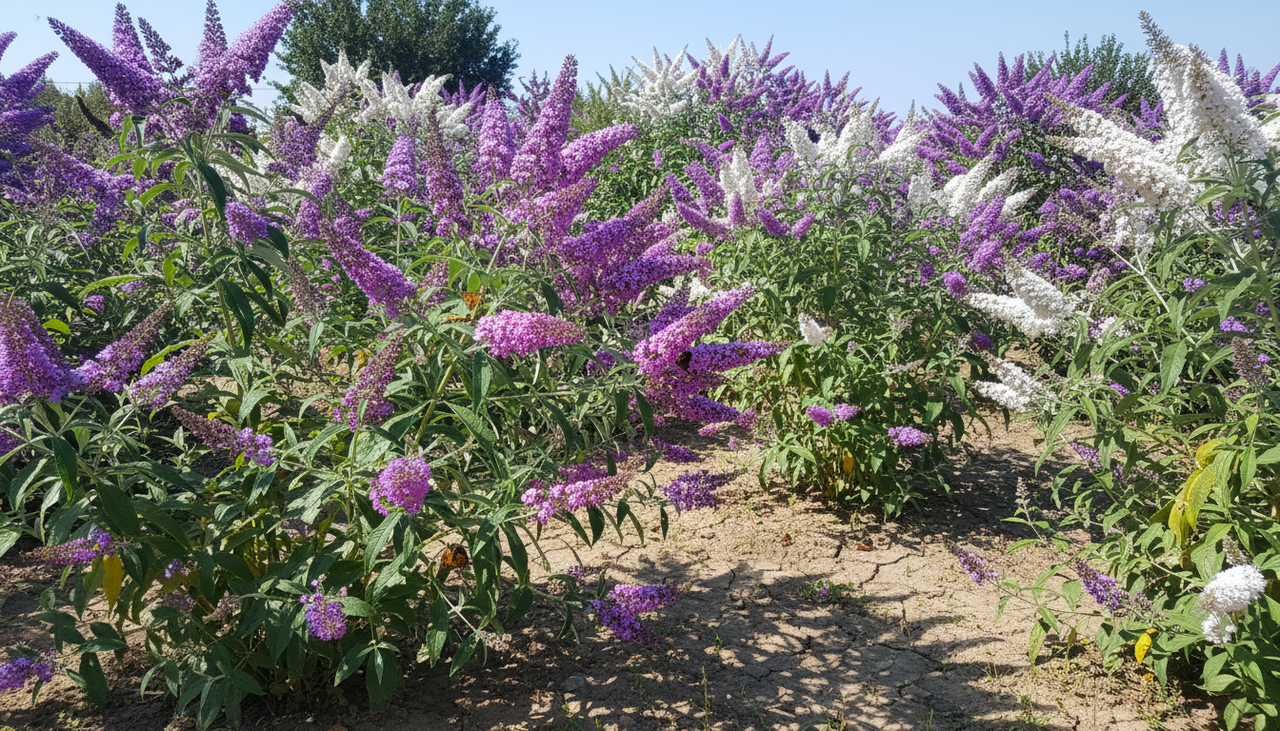 A Buddleia possui um perfil rústico e adaptativo, preferindo locais com sol pleno e desenvolvendo-se vigorosamente em áreas de pouca chuva ou alta temperatura