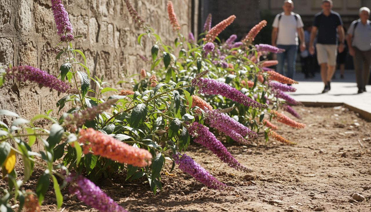 A Buddleia possui um perfil rústico e adaptativo, preferindo locais com sol pleno e desenvolvendo-se vigorosamente em áreas de pouca chuva ou alta temperatura