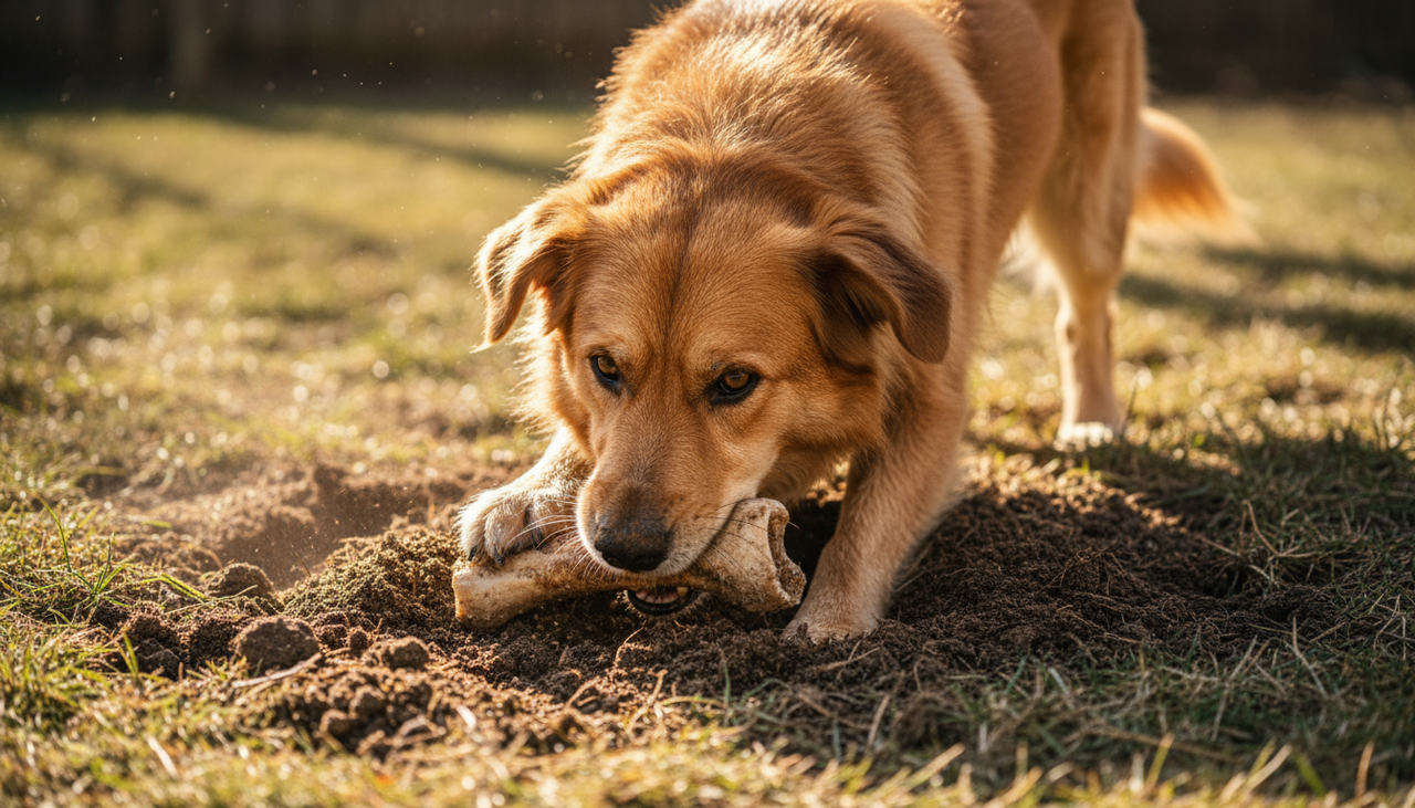 O ato de enterrar alimento tem relação direta com a ancestralidade dos cães, que descendem dos lobos