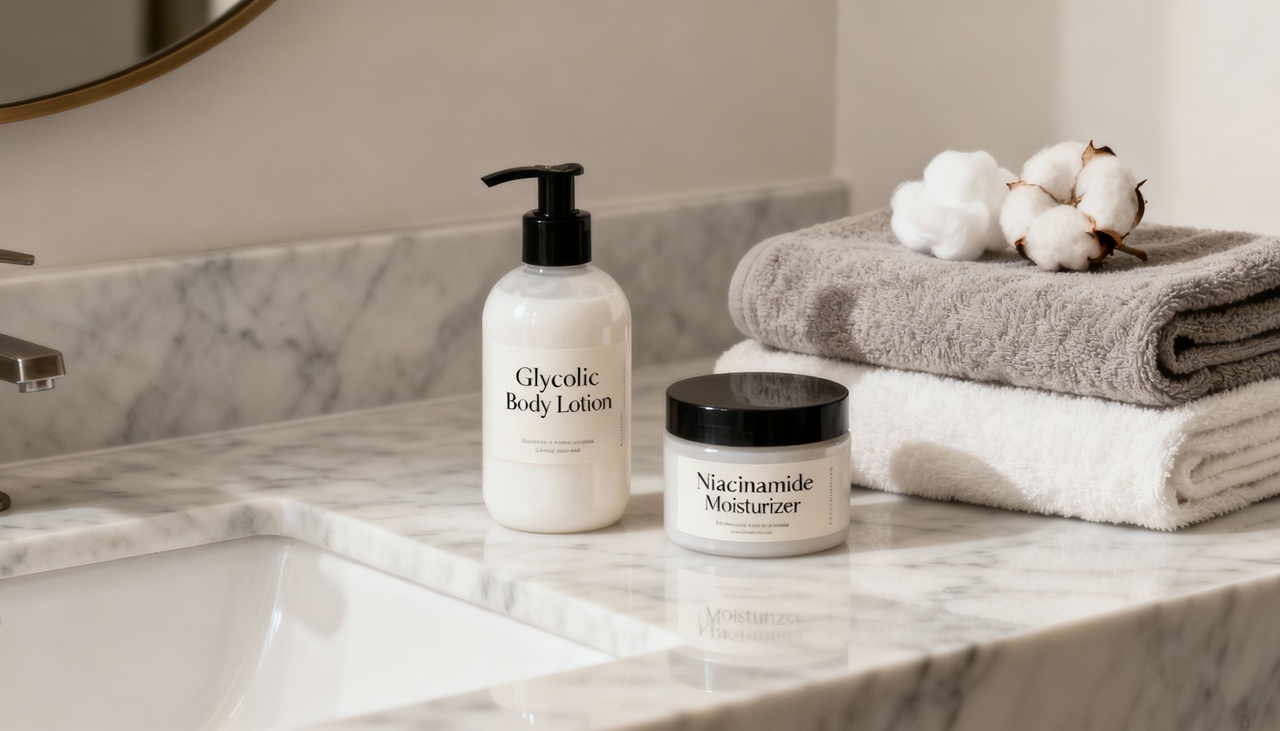 O ácido glicólico é um esfoliante químico que promove renovação celular ao eliminar células mortas e melhorar a textura