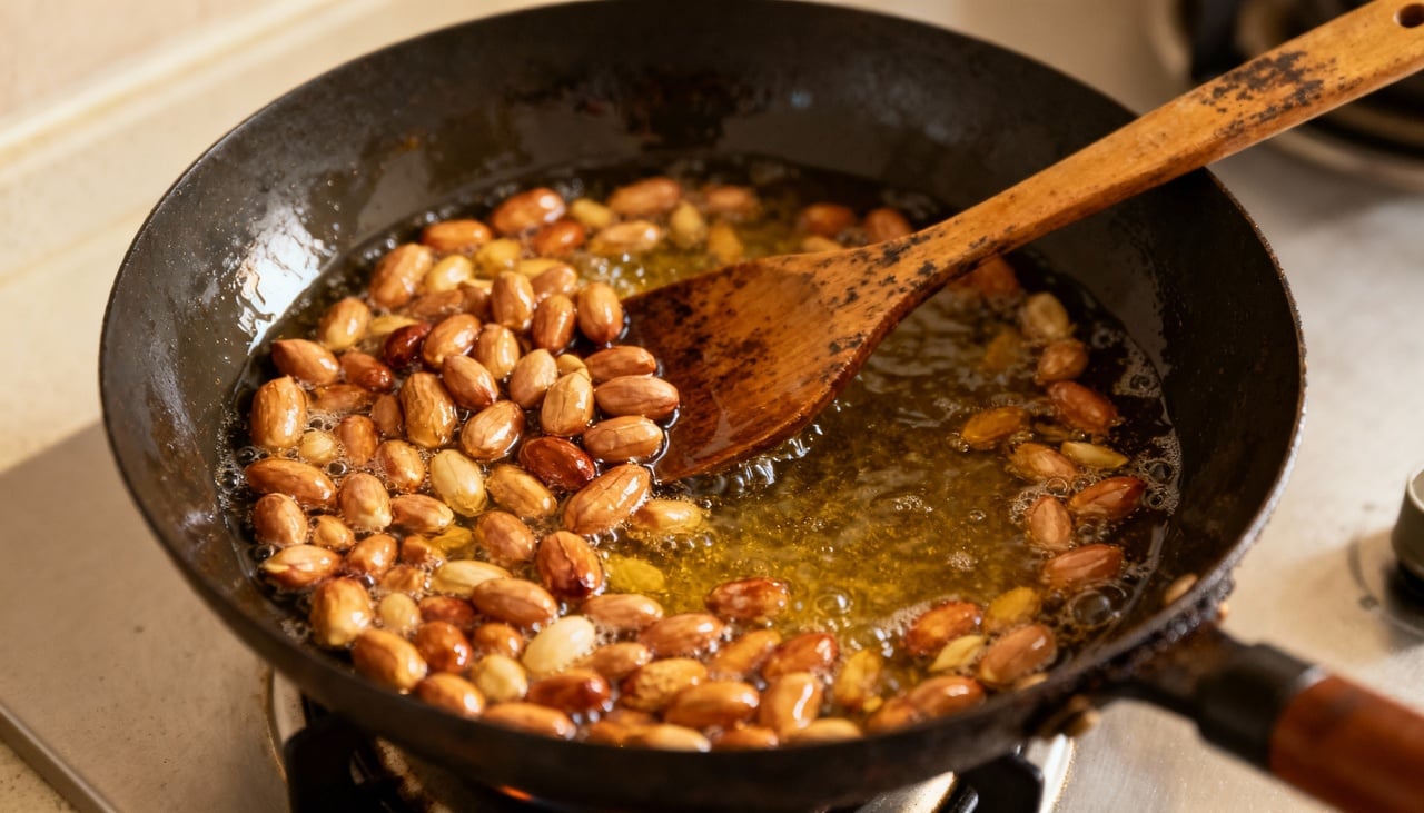 O amendoim tende a queimar rapidamente porque possui alta concentração de óleos naturais