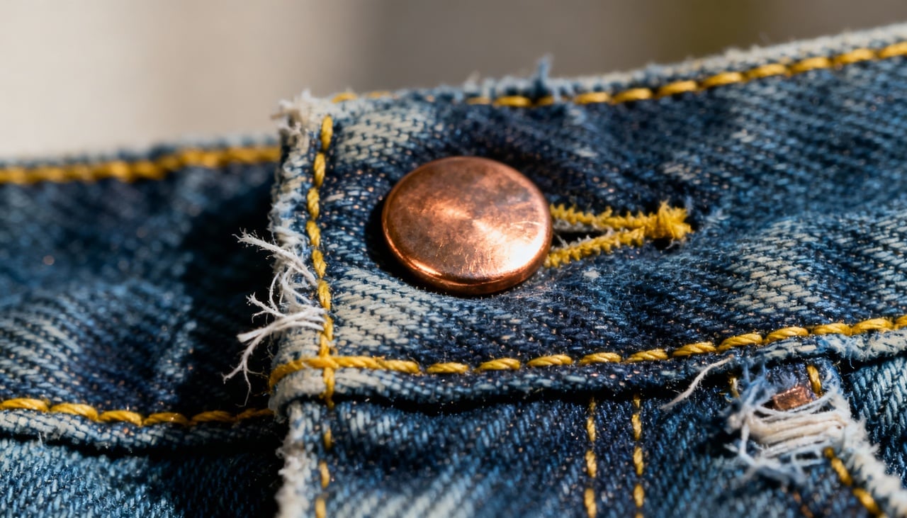 Os pequenos remaches metálicos, localizados principalmente nas bordas dos bolsos, têm origem funcional e remontam ao século XIX