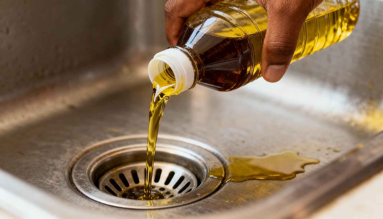 Quando o óleo de cozinha entra no ralo, ele endurece depois de esfriar e forma placas que grudam nas paredes dos canos