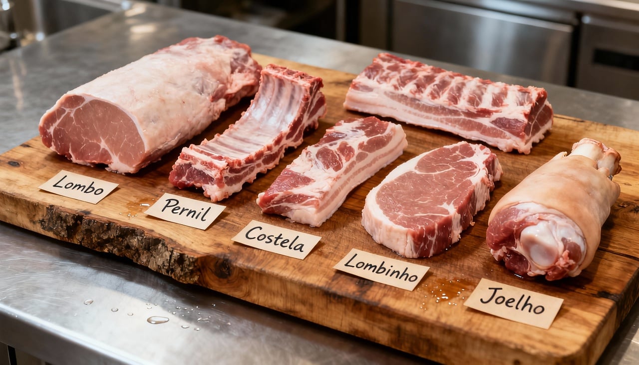 Os diferentes cortes da carne de porco apresentam proporções variadas de gordura e músculo, além de texturas diversas