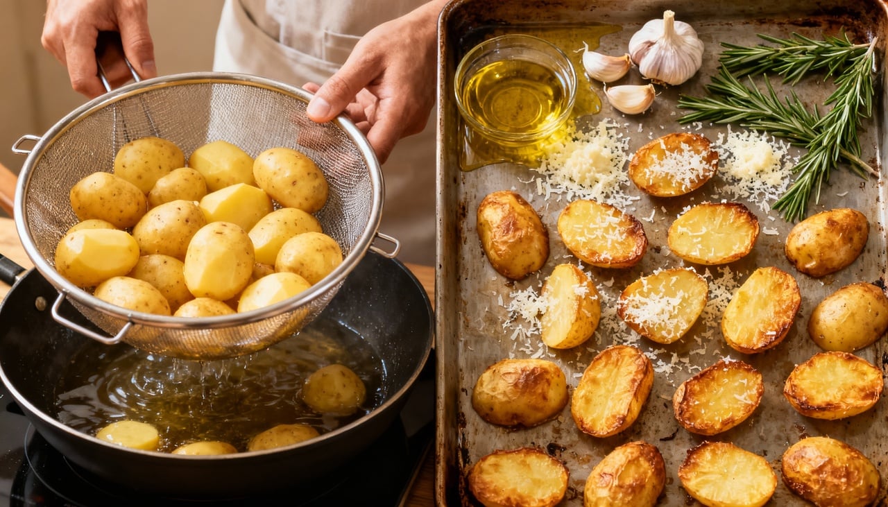 O pré-cozimento das batatas em água antes de assar constitui etapa fundamental frequentemente ignorada