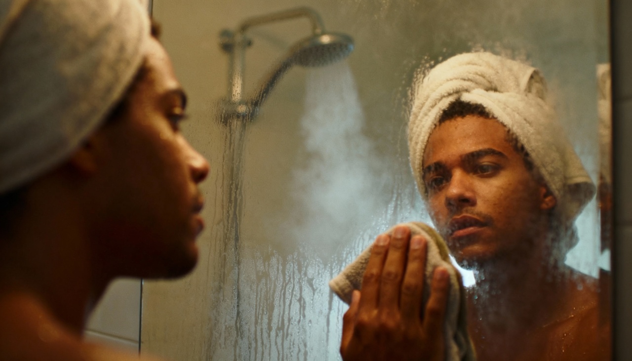 Quando a água quente do chuveiro libera vapor para o ambiente, a superfície fria do vidro reage formando pequenas gotas de água