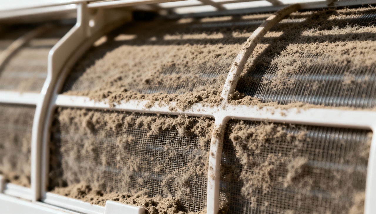Quando o filtro acumula poeira, o fluxo de ar fica restrito e o compressor prolonga os ciclos de funcionamento