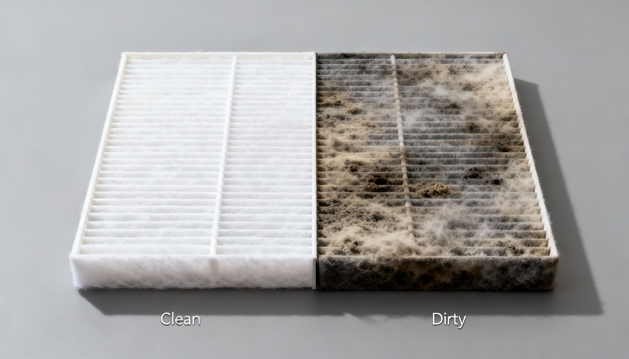 Quando o filtro acumula poeira, o fluxo de ar fica restrito e o compressor prolonga os ciclos de funcionamento