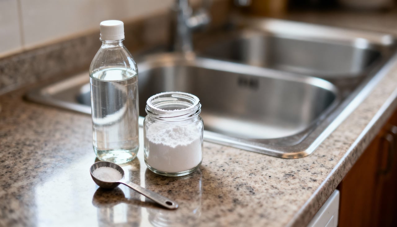 A combinação de bicarbonato de sódio e vinagre de álcool é muito eficaz na limpeza do encanamento da pia
