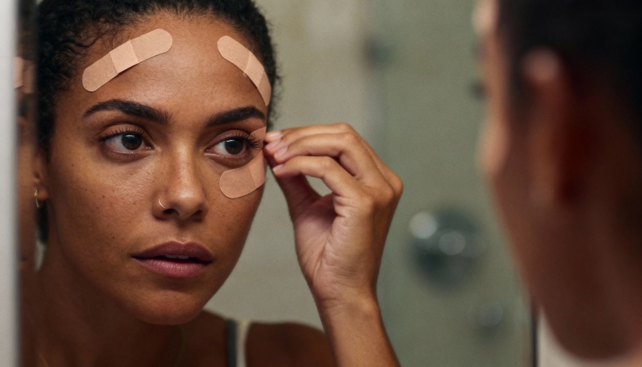 A técnica consiste na aplicação de fitas elásticas específicas sobre áreas estratégicas do rosto