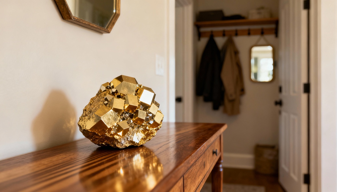 Para alcançar os benefícios esperados, é importante escolher o local apropriado na entrada da casa para posicionar a pirita