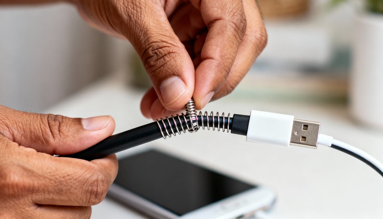 A estrutura metálica cria uma barreira física que impede que o cabo dobre demais perto do conector