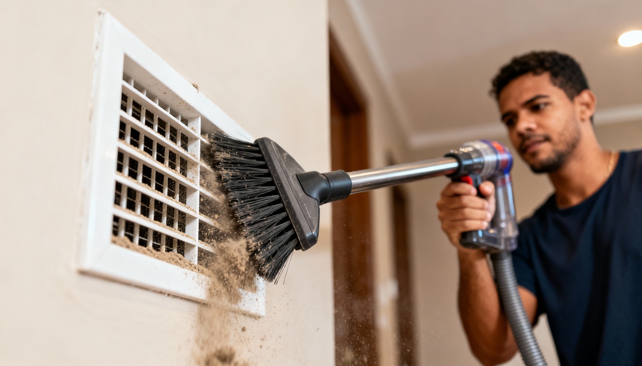 O acúmulo de poeira nas grades indica a presença constante de partículas que, em pouco tempo, podem obstruir passagens de ar