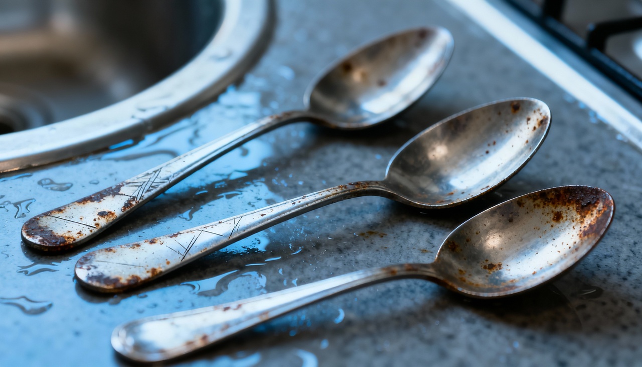 Os talheres frequentemente perdem seu aspecto reluzente devido ao acúmulo de resíduos alimentares e à exposição à água rica em minerais