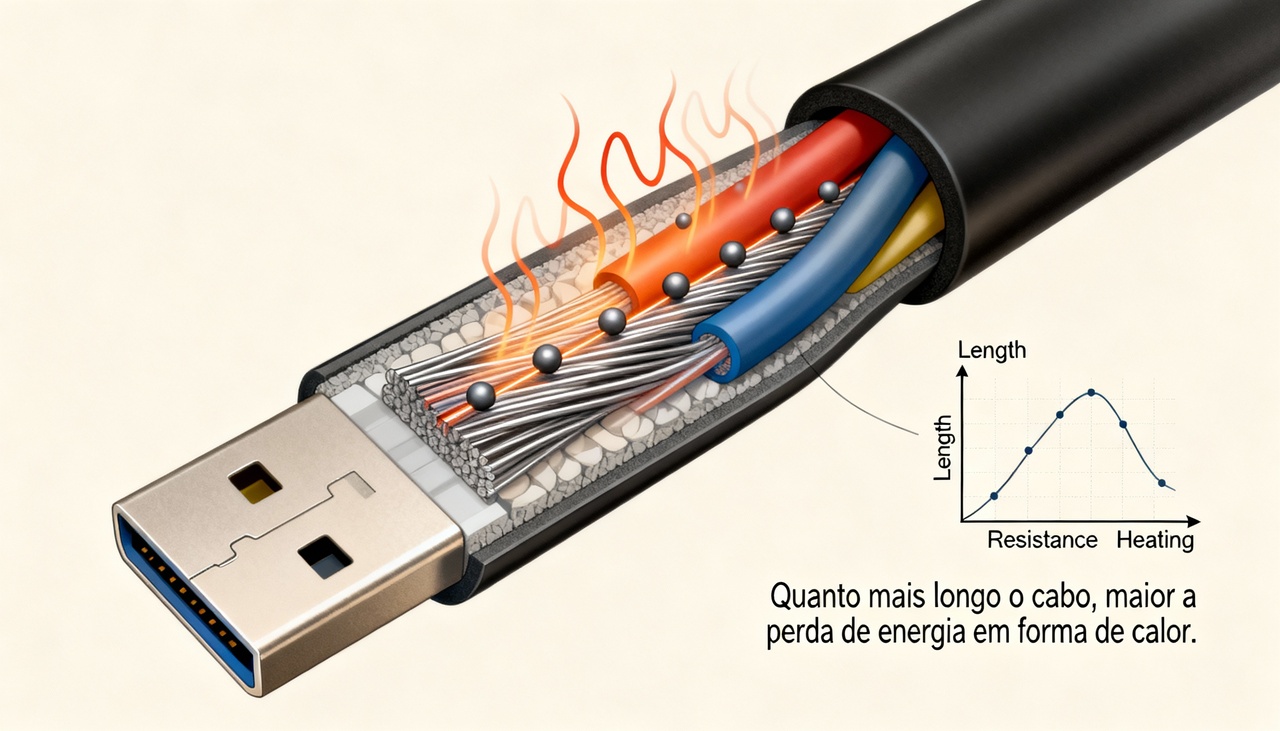 À medida que o cabo utilizado para carregar um dispositivo aumenta de tamanho
