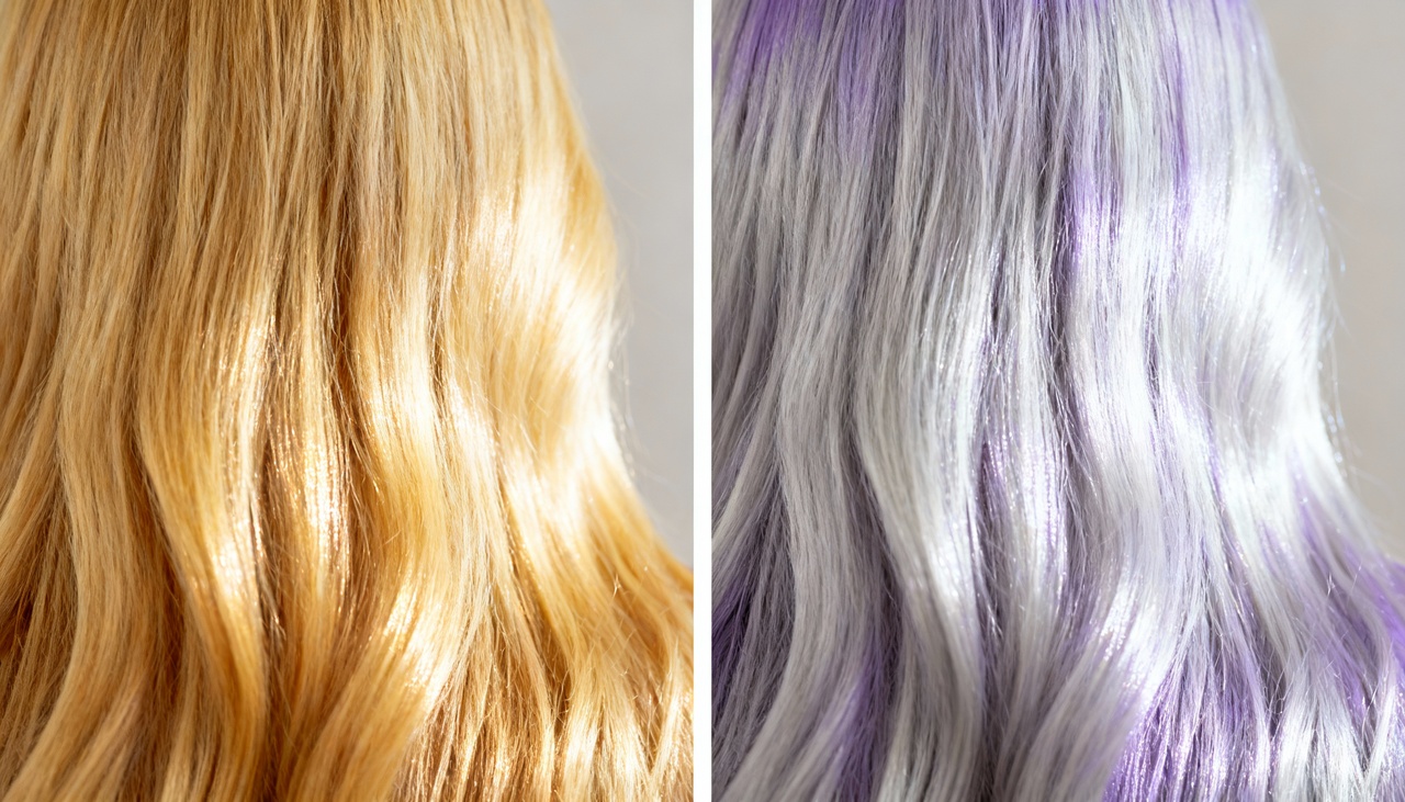 As máscaras roxas são usadas para neutralizar o amarelado dos fios, enquanto as máscaras azuis combatem tons alaranjados