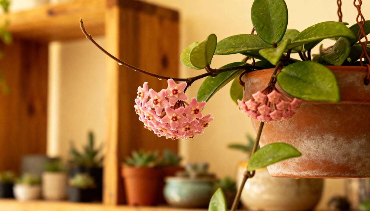 A Hoya carnosa é conhecida por suas folhas suculentas e pendentes