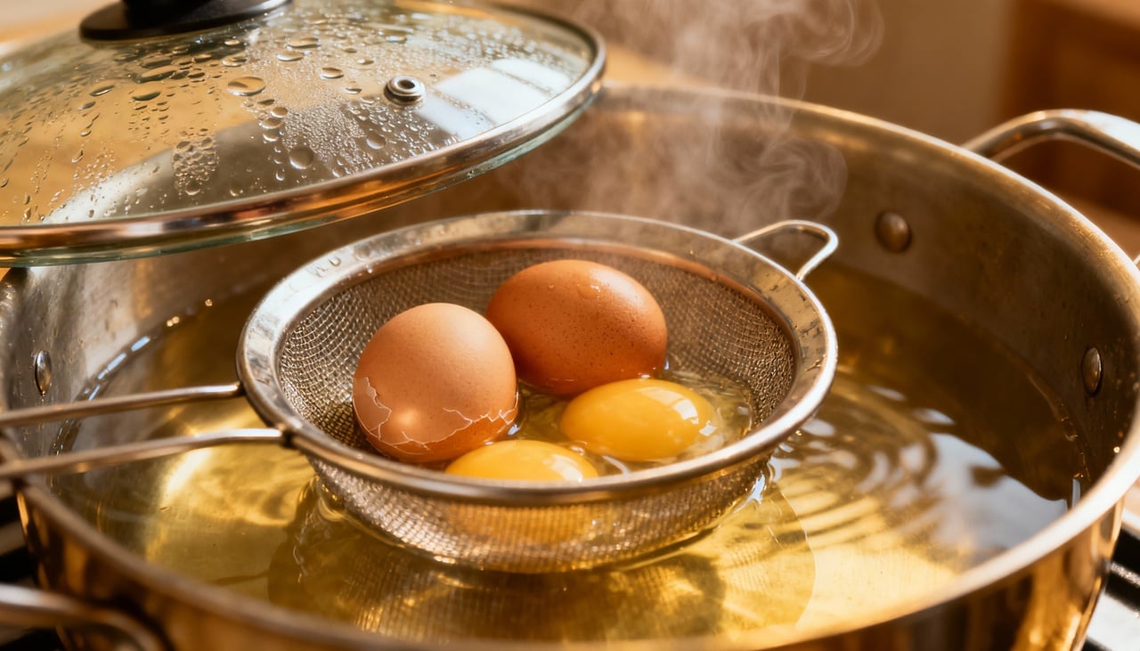 Ovos podem ser preparados mergulhando-os em água fervente ou expostos ao vapor quente