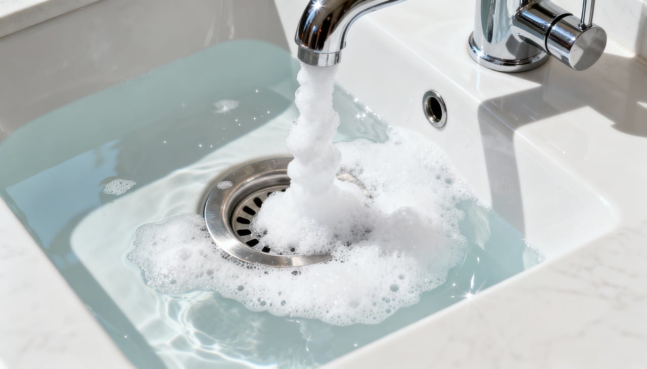 A combinação de bicarbonato de sódio e vinagre de álcool é muito eficaz na limpeza do encanamento da pia