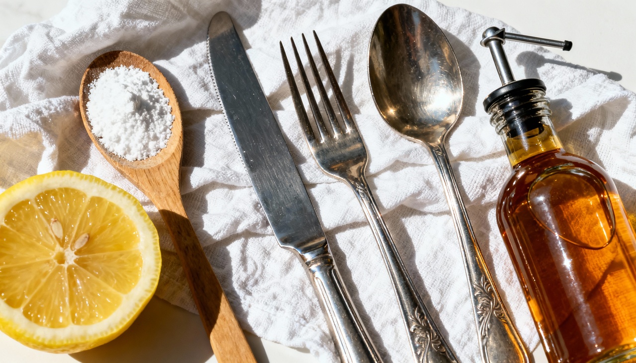 Os talheres frequentemente perdem seu aspecto reluzente devido ao acúmulo de resíduos alimentares e à exposição à água rica em minerais