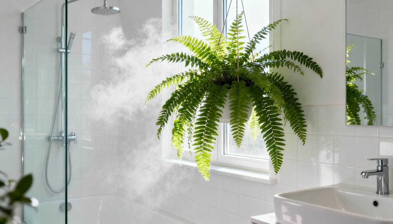 A samambaia-americana é uma escolha certeira para banheiros devido à adaptação ao vapor e à umidade presentes nesses espaços