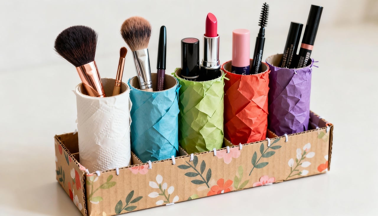 Usar rolos de papel para organizar a maquiagem é simples e sustentável, pois reaproveita materiais