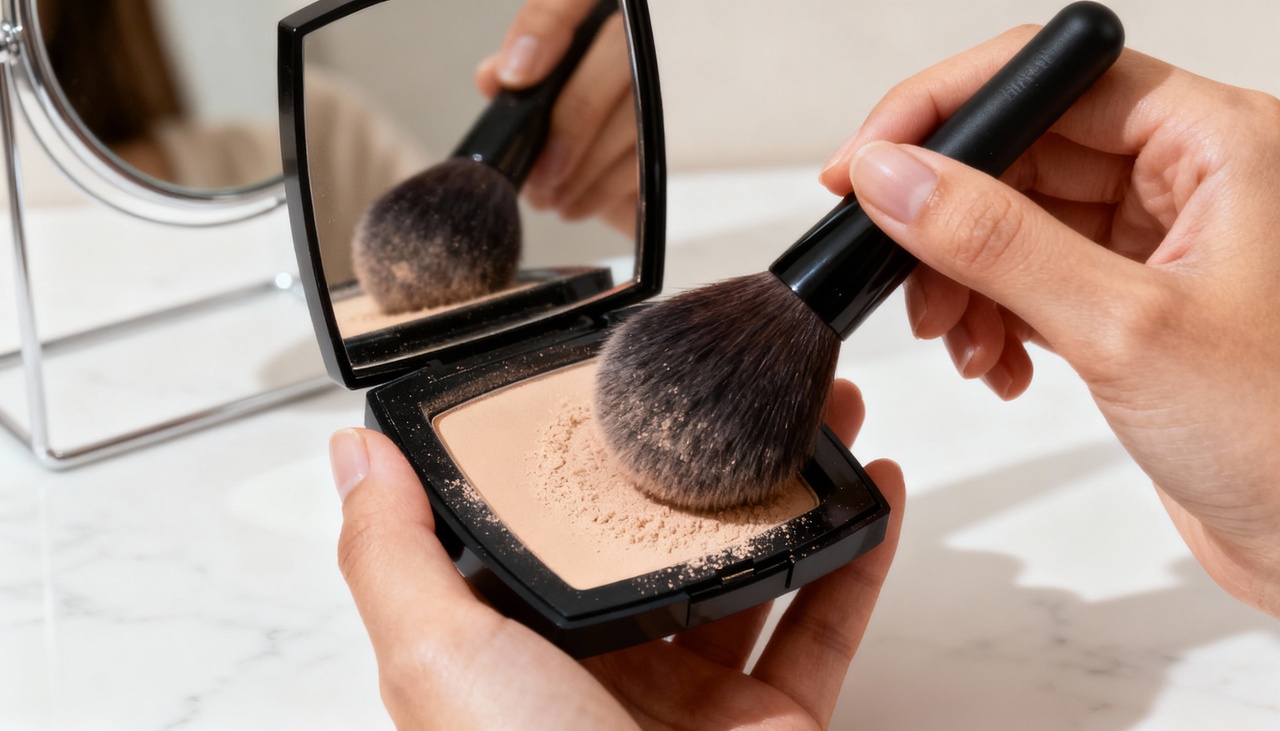O pó compacto solto oferece textura fina e acabamento natural
