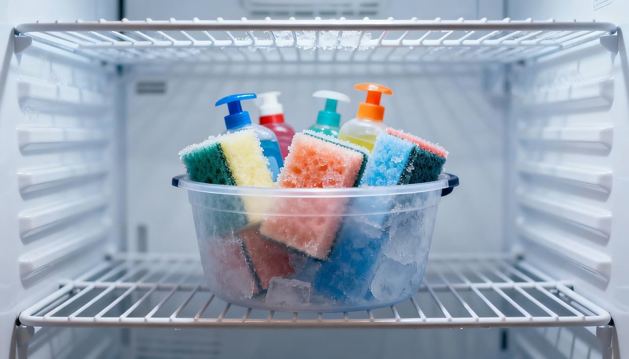 umedeça a esponja com o produto de limpeza de sua escolha e coloque-a no congelador