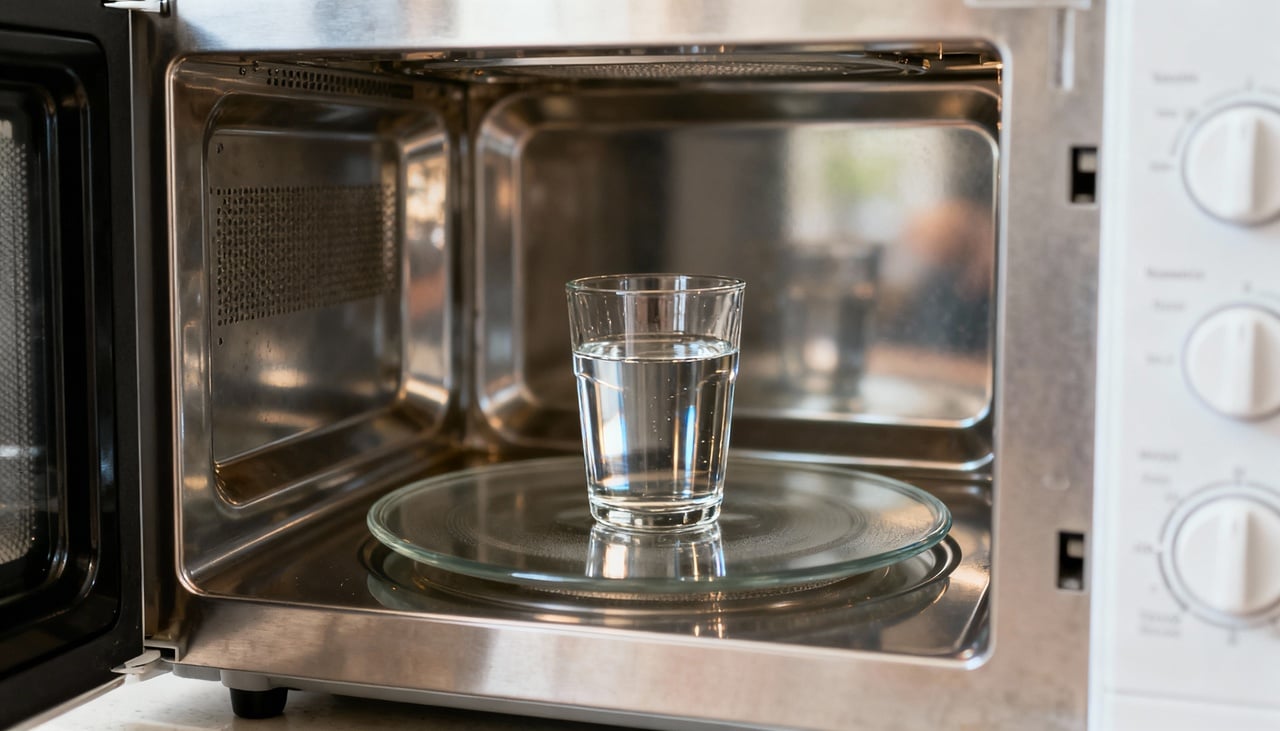 O vapor quente gerado ao aquecer um copo com água dentro do micro-ondas tem a função de umedecer as sujeiras secas no interior do eletrodoméstico