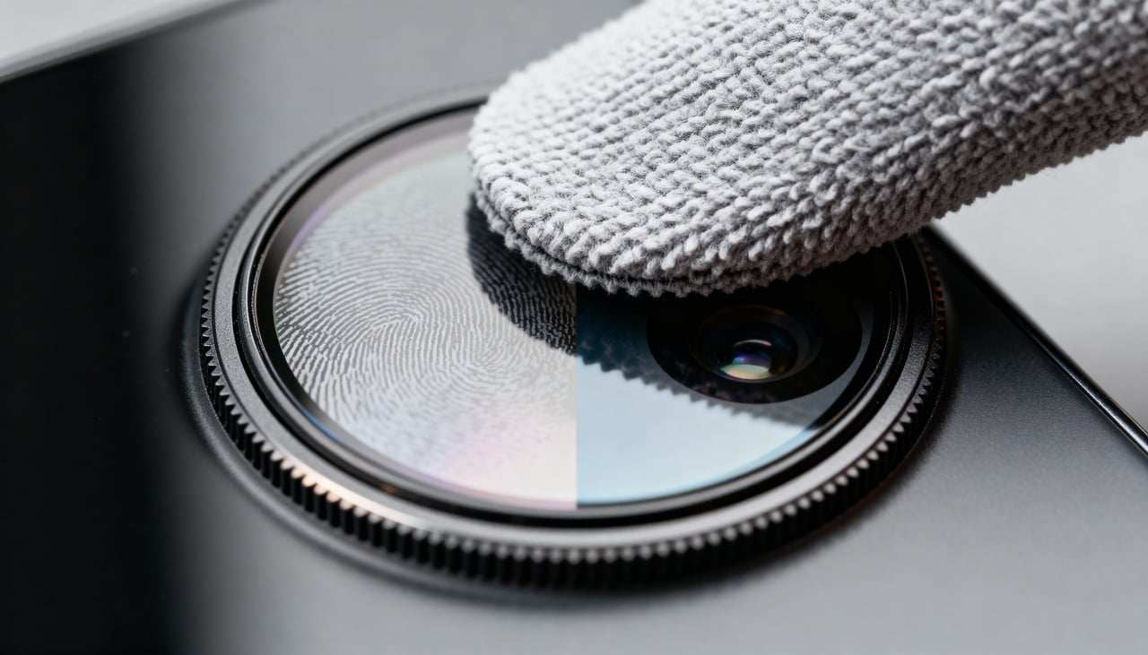 Resíduos oleosos e marcas de dedo criam uma camada quase invisível sobre a lente da câmera