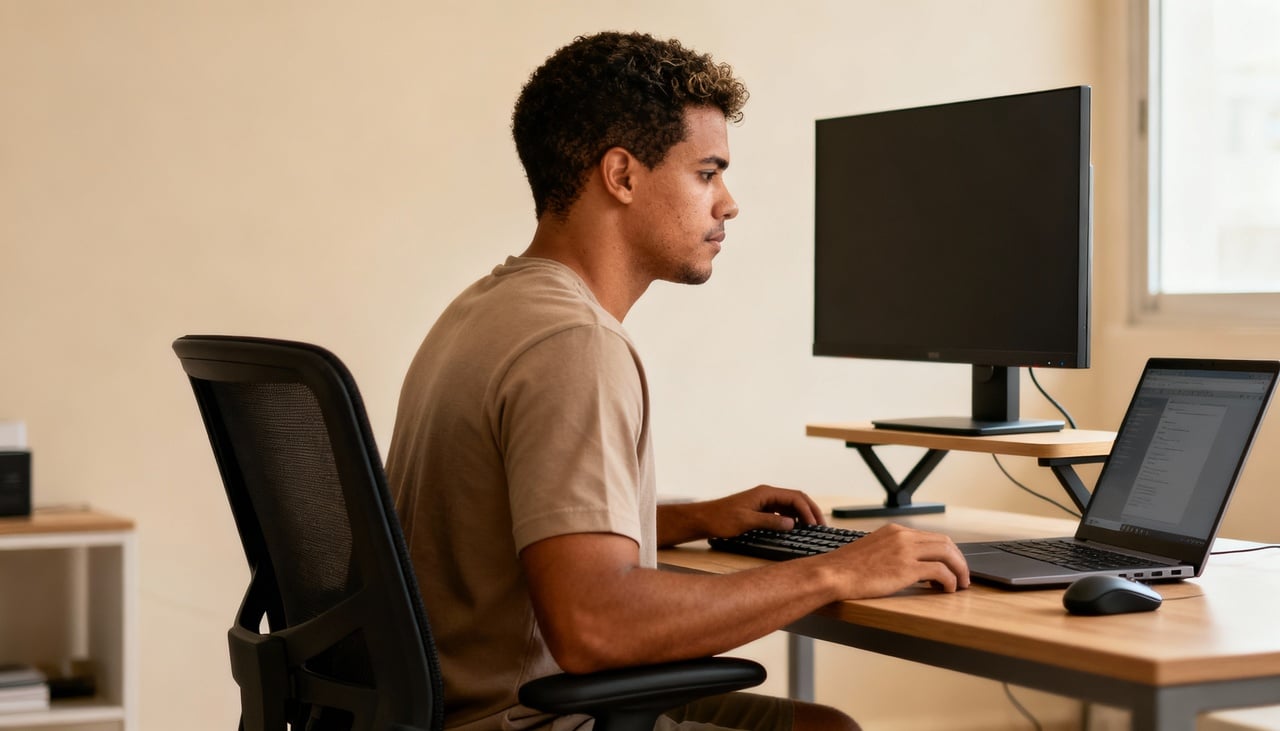 Sessões prolongadas na frente do monitor, com o pescoço inclinado para baixo ou ombros elevados, sobrecarregam a musculatura dessas regiões
