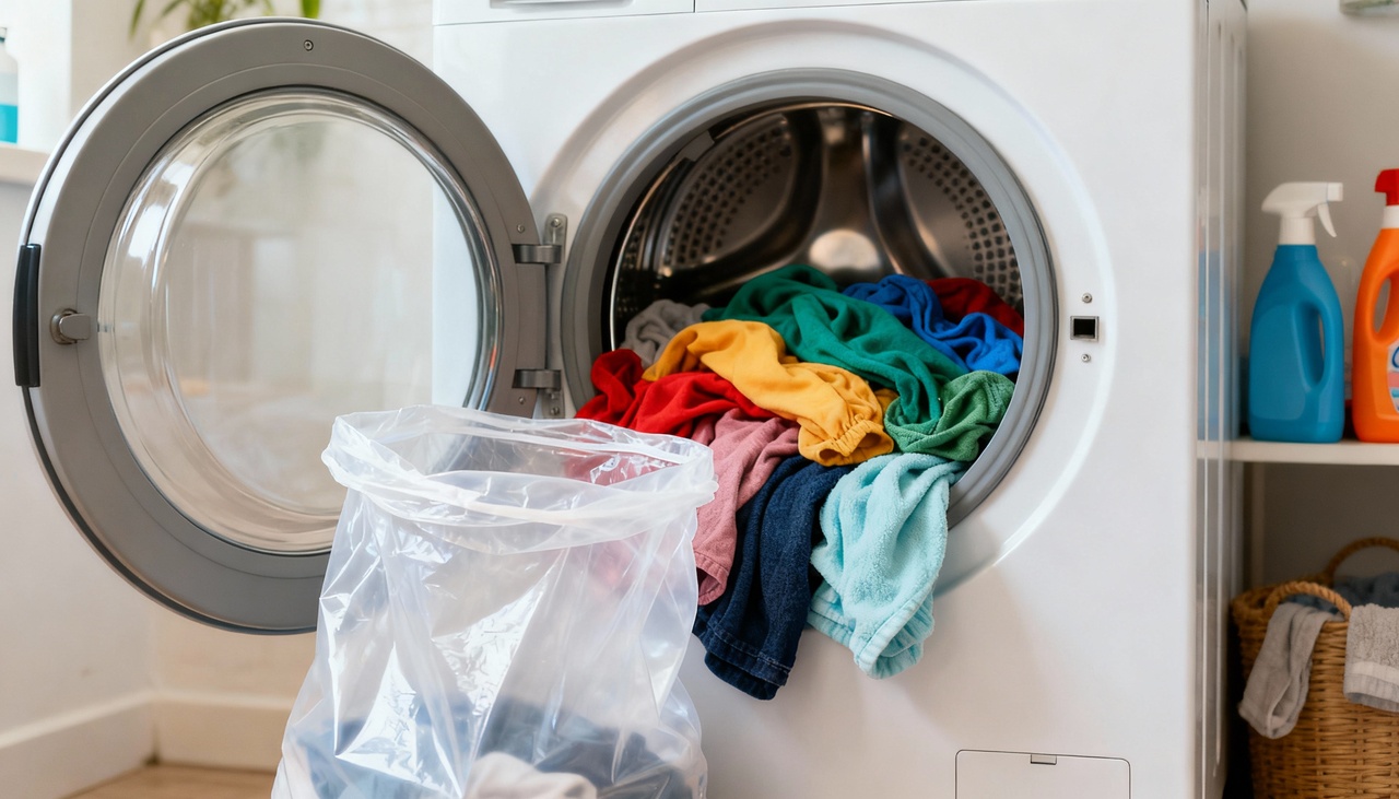 A técnica consiste em colocar uma sacola plástica resistente e limpa dentro do tambor da máquina durante a lavagem das peças