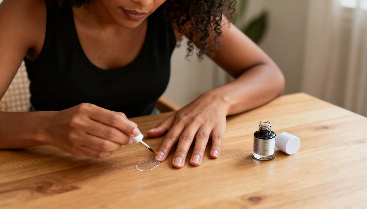O fortalecedor com fibras de vidro adere à superfície das unhas naturais, formando uma estrutura rígida semelhante a uma lâmina
