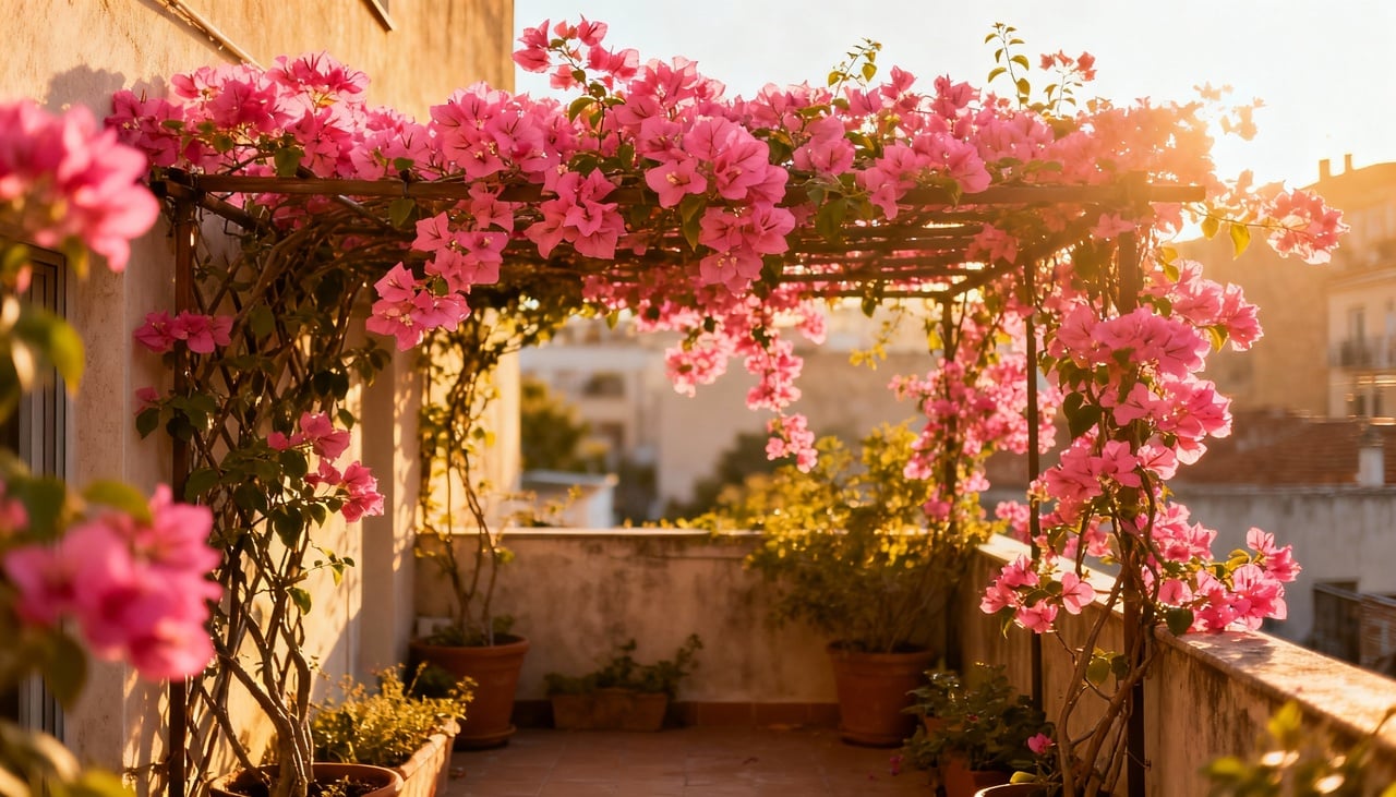 A característica trepadeira da buganvília representa sua maior vantagem para ambientes urbanos restritos