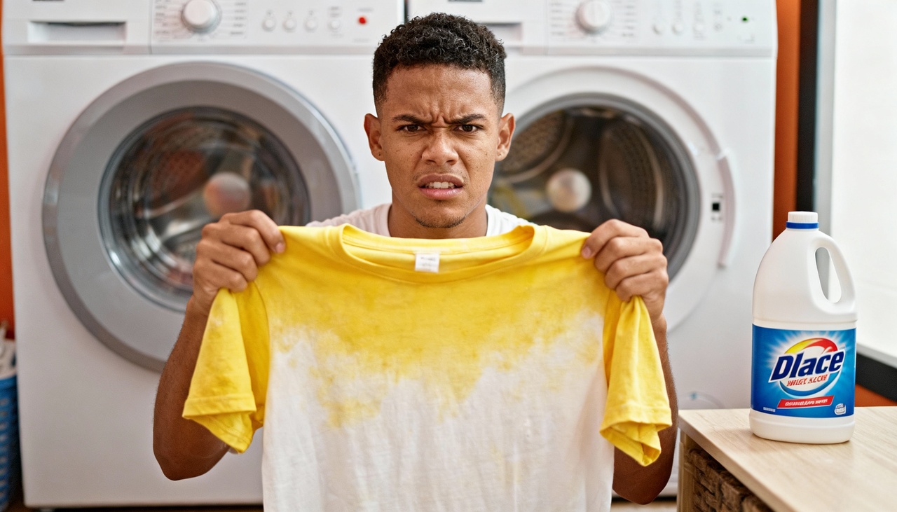 O cloro presente no produto reage com resíduos de suor e componentes das fibras