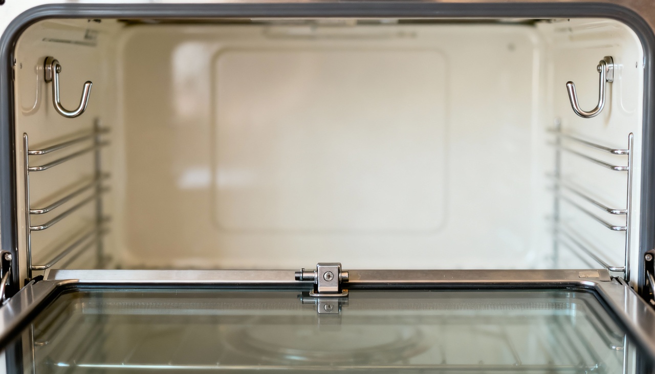 Nas laterais internas da porta do forno existem pequenas travas ou ganchos que prendem o painel de vidro à estrutura