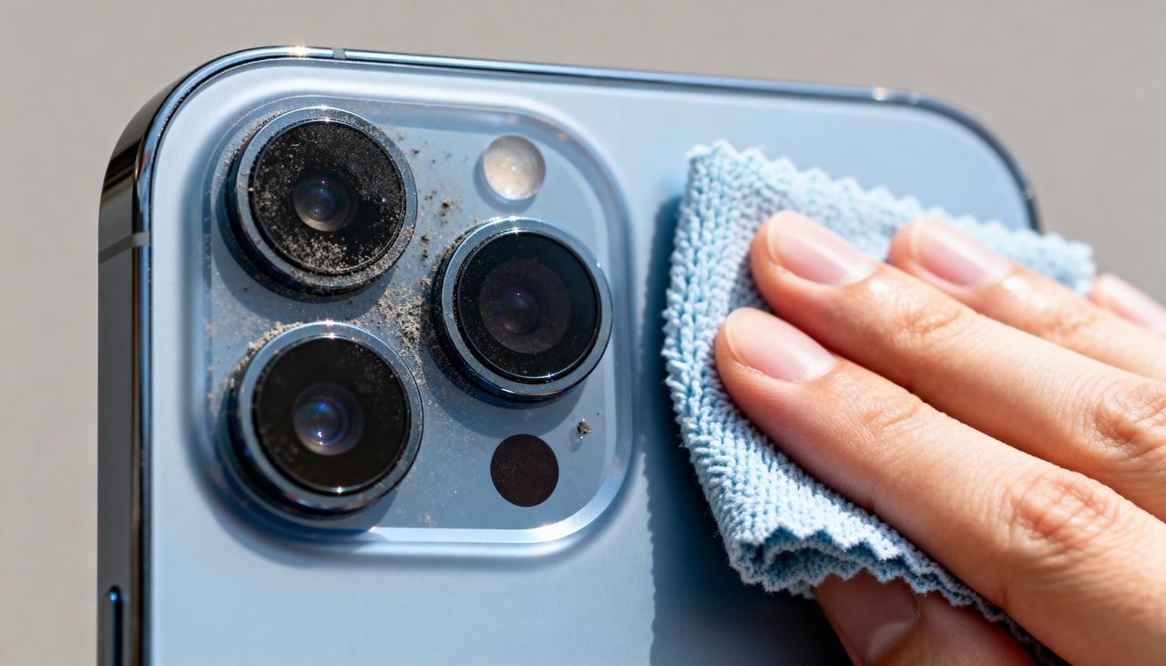 Resíduos oleosos e marcas de dedo criam uma camada quase invisível sobre a lente da câmera