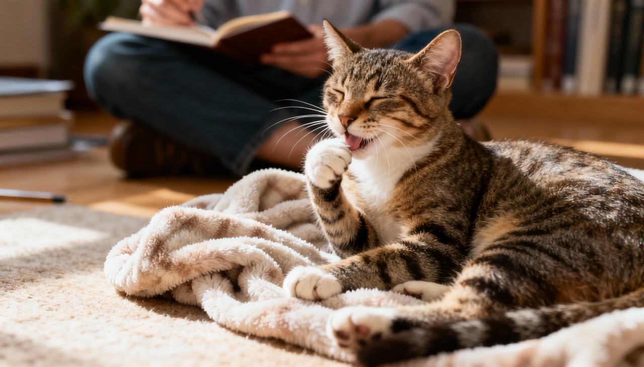 Ao chegarem em casa, muitos tutores encontram seus gatos próximos à porta, aguardando com postura ereta e cauda levemente curvada