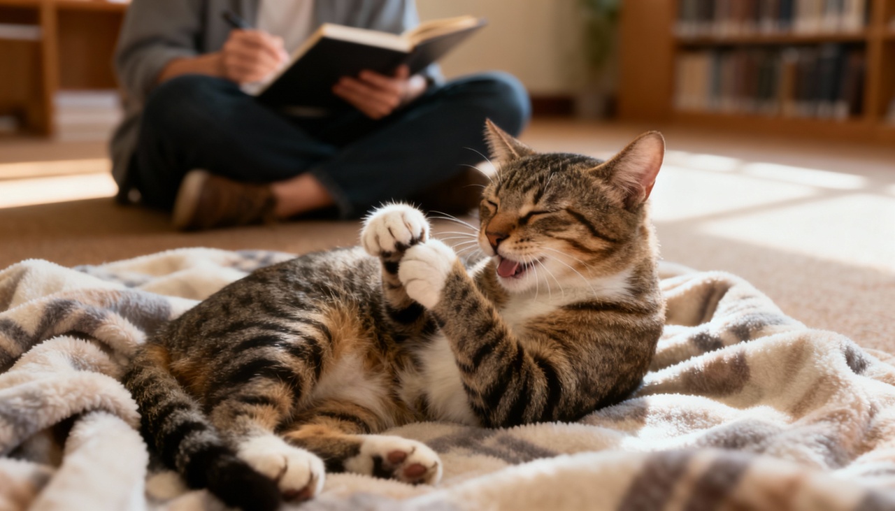 Ao chegarem em casa, muitos tutores encontram seus gatos próximos à porta, aguardando com postura ereta e cauda levemente curvada