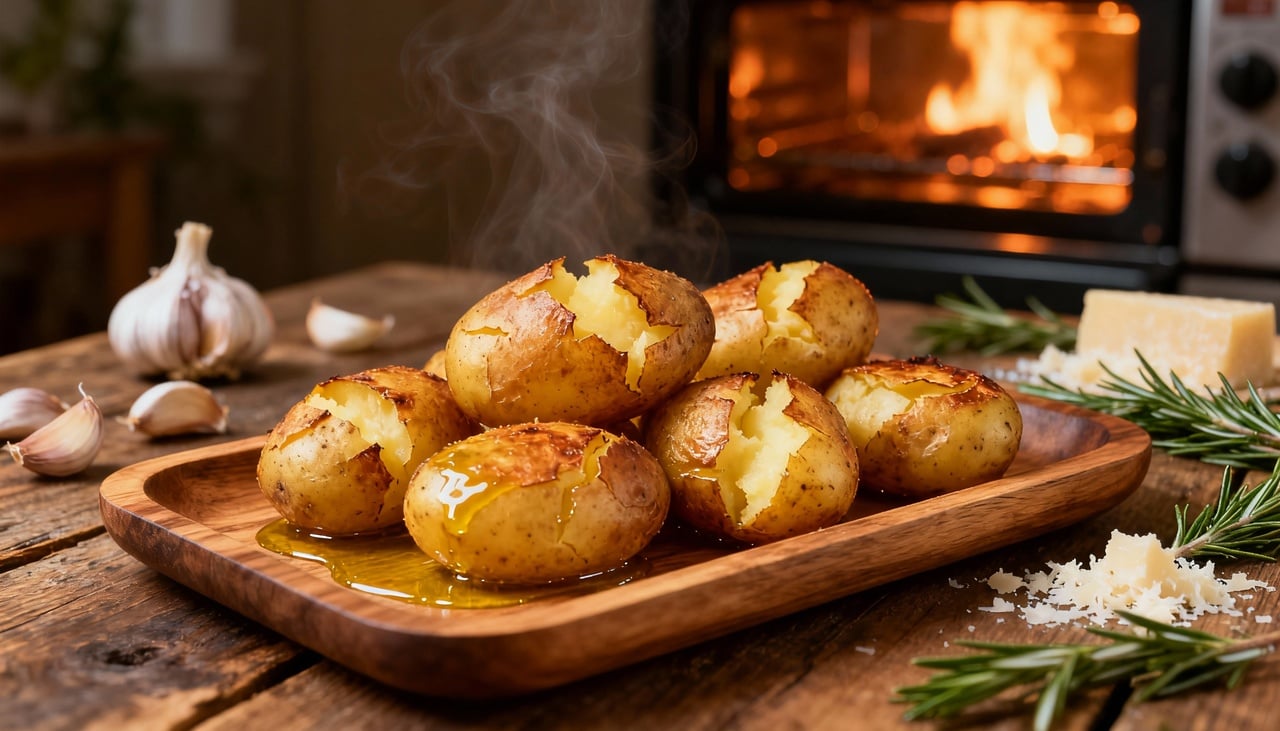 O pré-cozimento das batatas em água antes de assar constitui etapa fundamental frequentemente ignorada