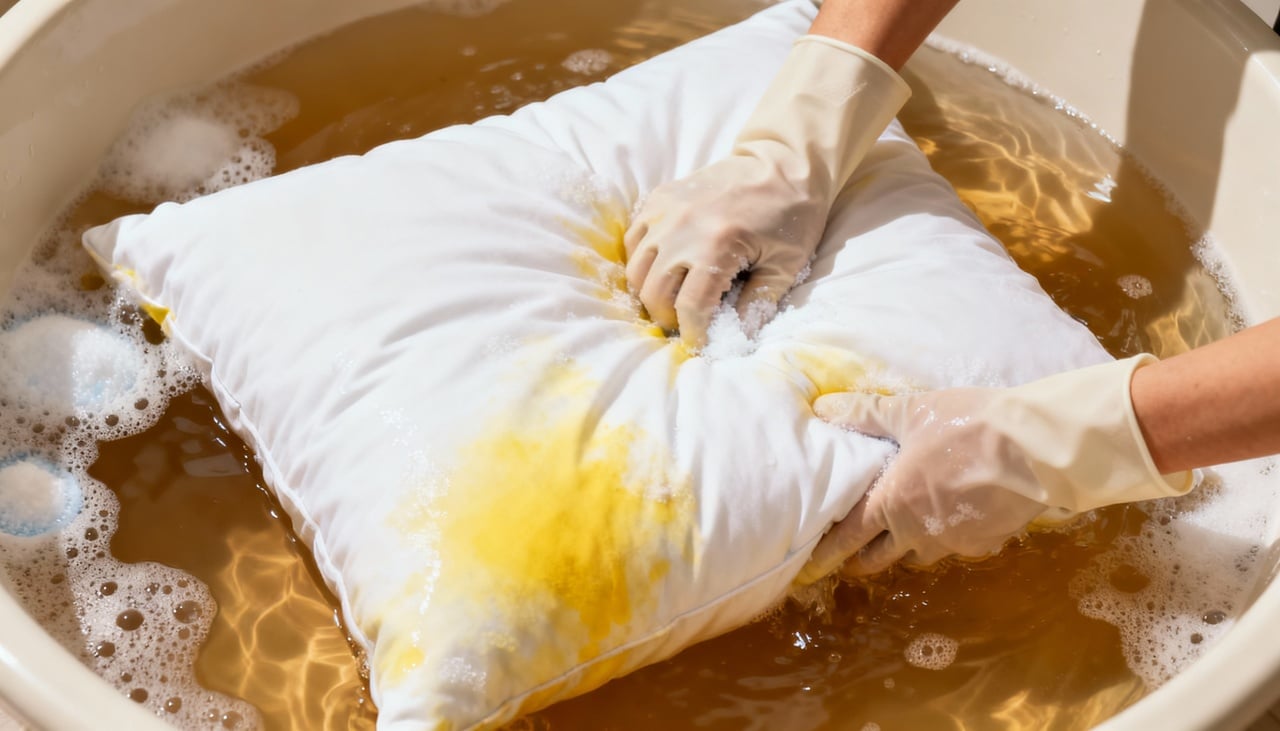 O amarelamento dos travesseiros acontece naturalmente devido ao contato diário com nossa pele e cabelo