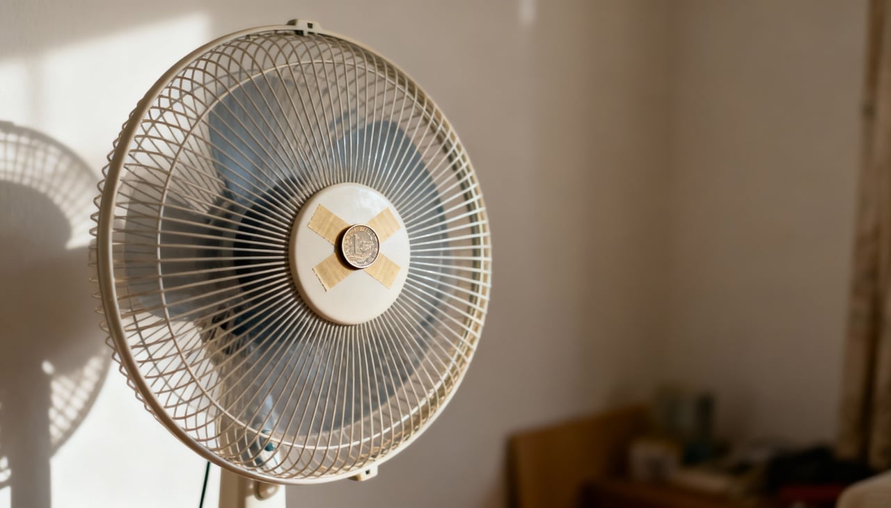O truque da moeda consiste em fixar uma moeda com fita adesiva no centro da grade do ventilador