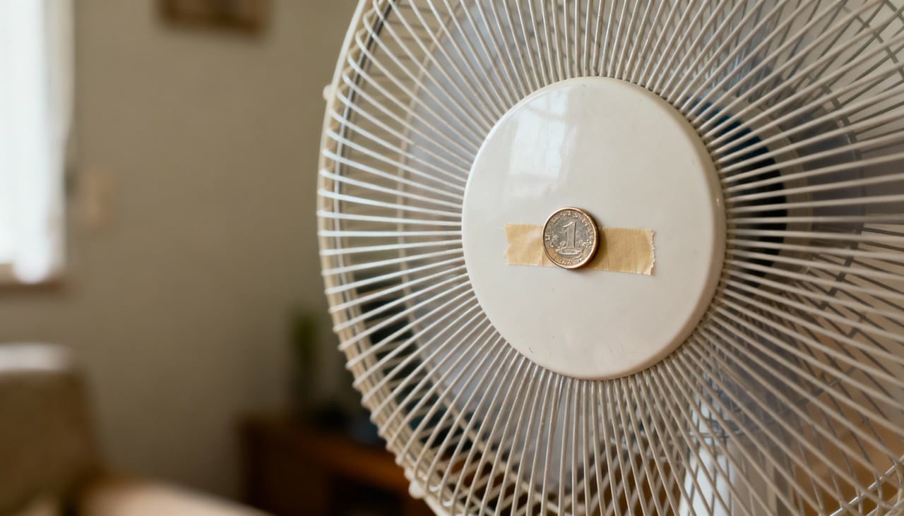 O truque da moeda consiste em fixar uma moeda com fita adesiva no centro da grade do ventilador
