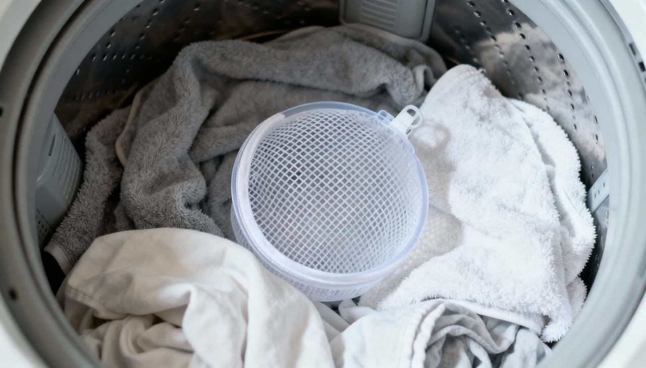 A técnica consiste em colocar uma sacola plástica resistente e limpa dentro do tambor da máquina durante a lavagem das peças