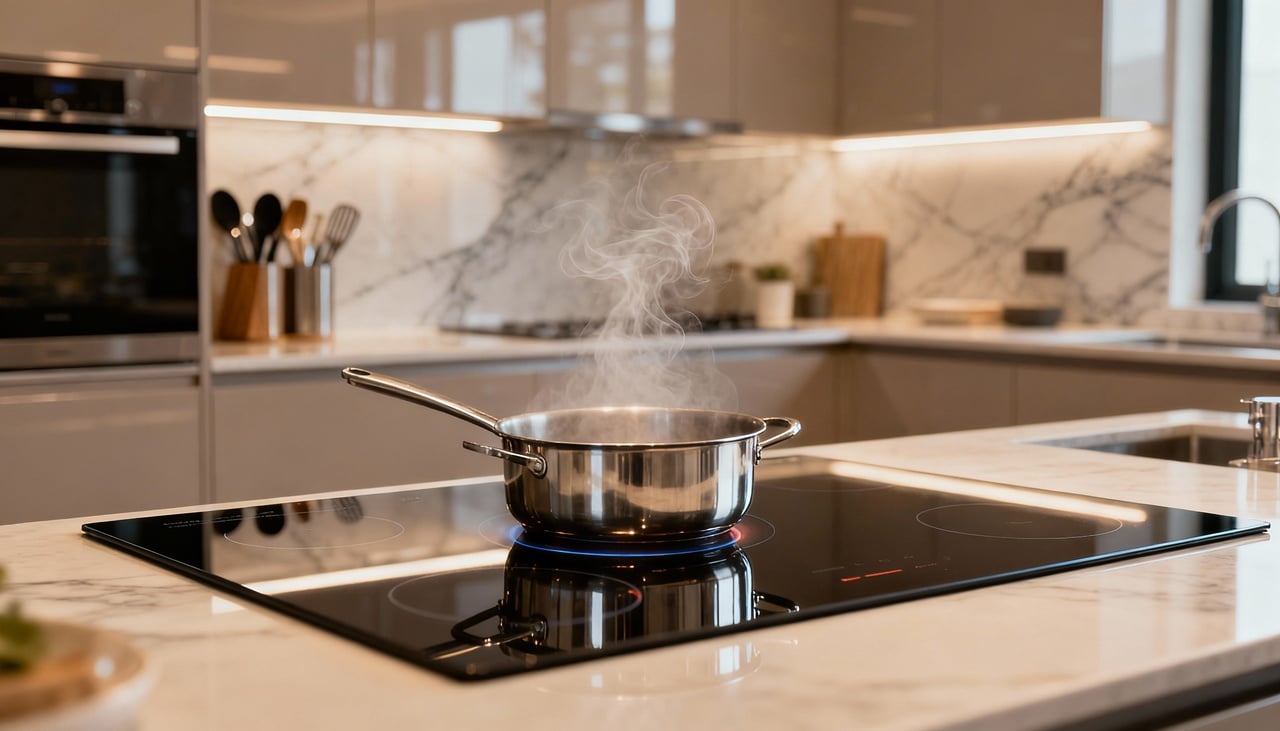 O calor do cooktop por indução surge por meio de um campo magnético gerado por bobinas de cobre posicionadas sob a superfície de vidro